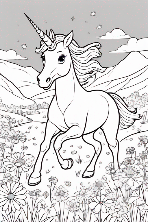 Unicorn running through a flower meadow